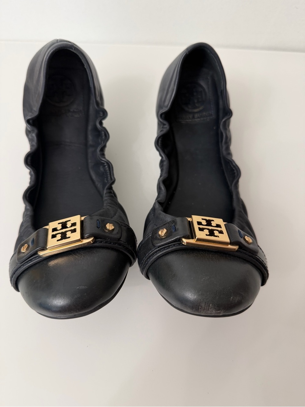 Tory Burch Black Leather Logo Buckle Ballet Flats Size 8.5